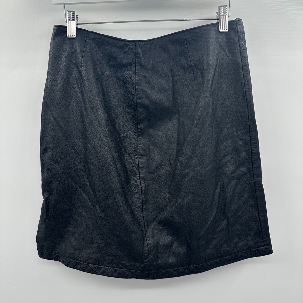 Wilsons Leather Maxima Black Leather Mini Skirt Size 12 Side Zip Slit RN 69426